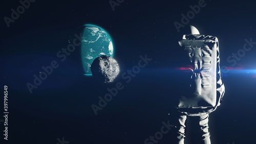 Lonely spaceman watches asteroid approaching Earth, catastrophe, extinction. 3d illustration. Space and universe exploration