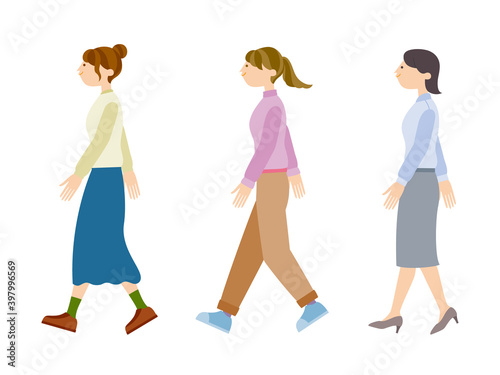 歩く若い女性のイラストセット