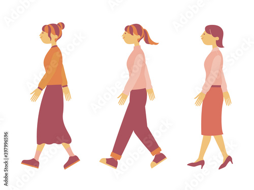 illustration set of walking young woman