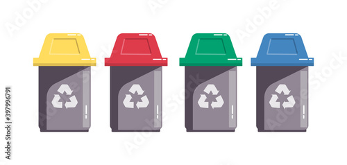 Colored sorting recycling waste bins isolated on white