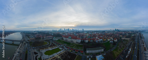Drone aerial panorama Flight over warsaw Warszawa old town and the weichsel river, Poland
