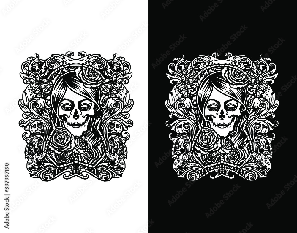 Girl sugar skull isolated on white background, isolated on black background