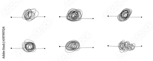 Set of scribble chaotic line. Start point, complicated doodle of clew and arrow. Tangled path concept. Vector