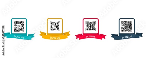 Collection creative concept qr code. Scan me. Colored frame with ribbon for qr code. Vector