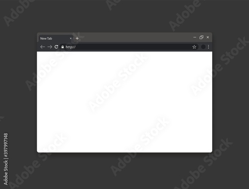 Empty mock up web browser page on dark grey background. Internet window with address bar and new tab. Vector