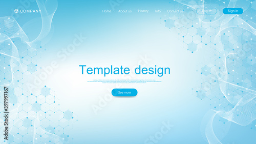 Medical landing page template design. Abstract health care banner template. Asbtract scientific background with hexagons. Innovation pattern. Vector illustration.