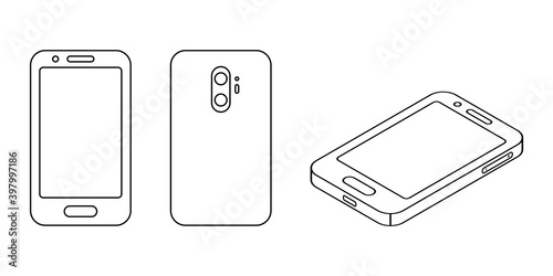 Mobile phone icon in three views. Front, back and isometric view. Screen, camera and buttons smartphone. Vector