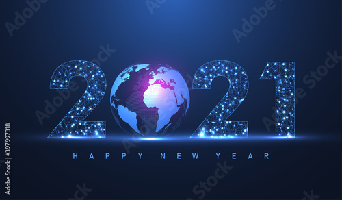 Modern futuristic technology template for Merry Christmas and Happy New Year 2021 with connected lines and dots. Plexus geometric effect. Global network connection. Vector illustration.