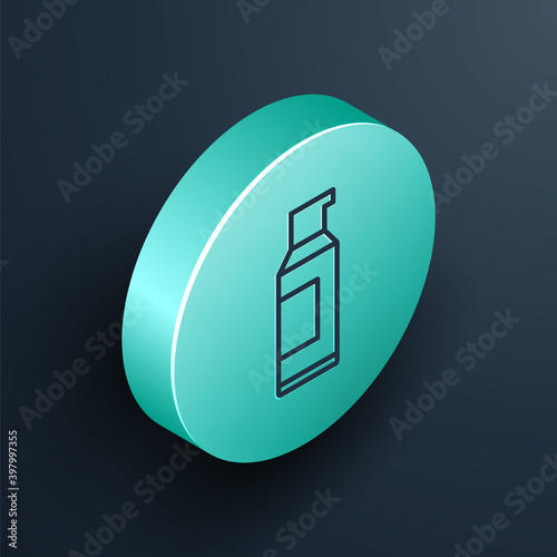 Isometric line Spray can for hairspray, deodorant, antiperspirant icon isolated on black background. Turquoise circle button. Vector.
