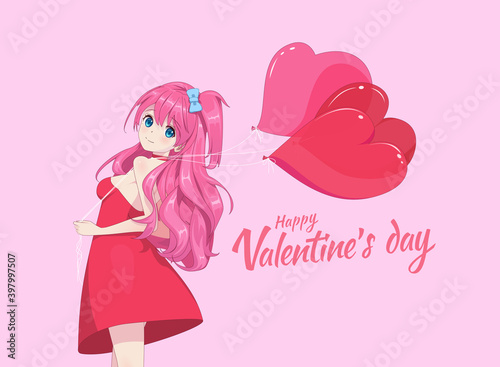 Anime manga girl in a light dress holds heart-shaped balloons. Vector illustration. Valentines day card