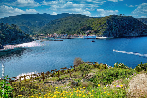 Fototapeta Naklejka Na Ścianę i Meble -  Capraia Italy 04222018 Panorama of the small port and the town of the island of Capraia in the Tuscan Archipelago of Italy
