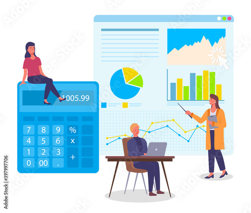 Office meeting businesswomen discussing indicators. Woman makes a presentation to colleagues. Business people talking communication, discuss presentation graphs and charts count data on calculator