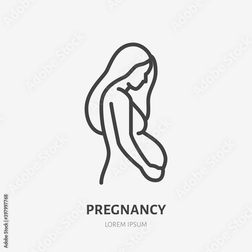 Pregnancy flat line icon. Vector outline illustration of pregnant woman. Black color thin linear sign for gynecologist