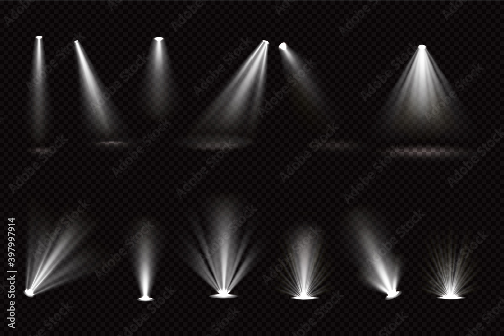 Light beams from spotlights and floor projectors isolated on transparent background. Vector realistic set of bright white rays for illumination show, concert, theater stage or podium