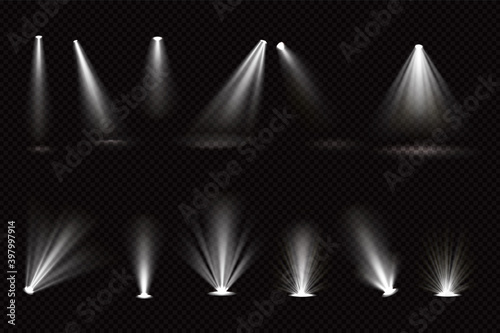Light beams from spotlights and floor projectors isolated on transparent background. Vector realistic set of bright white rays for illumination show, concert, theater stage or podium