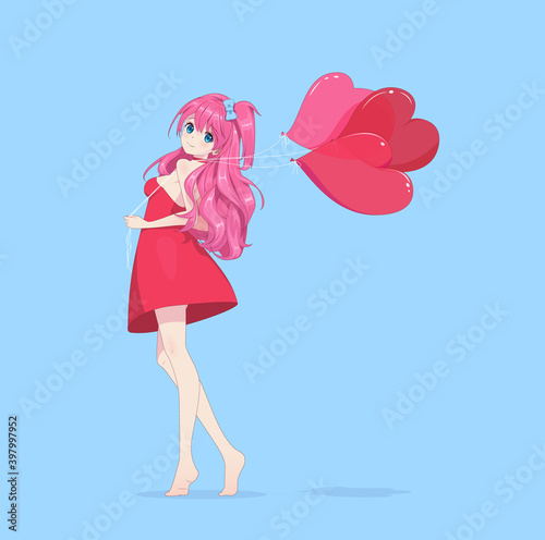 Anime manga girl in a light dress holds heart-shaped balloons. Vector illustration. Valentines day card