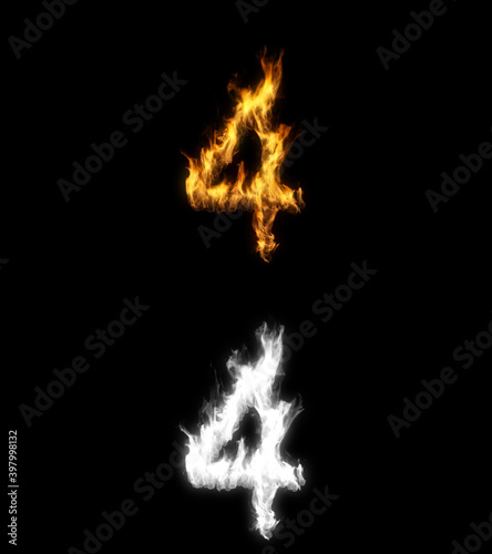 3D illustration of the number four on fire with alpha layer