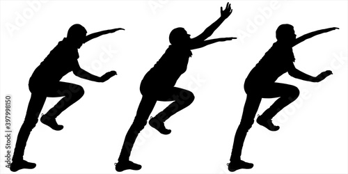 Climber climbs the slope. One person in three positions. Woman puts her foot up and pulls her arm up, helps herself up. Girl lends a helping hand, or asks for help. Black silhouette isolated on white.