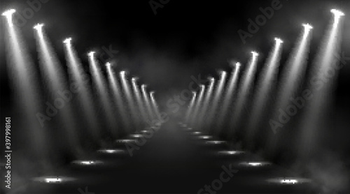 Spotlights background, glowing stage lights, white beams for red carpet award or gala concert. Empty illuminated way for presentation, runway with lamp rays with smoke for show, Realistic 3d vector