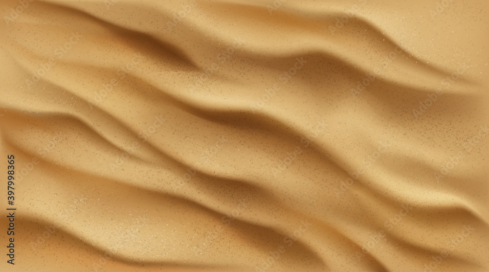 Sand background top view, desert or beach texture with golden sandy waves or dunes. Ocean or sea bottom, grainy abstract wallpaper or backdrop, nature, coastline. Realistic 3d vector illustration