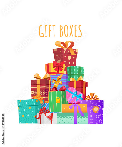 Big mountain of gifts. Multicolored gift boxes with ribbons and bows.
