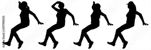 Women sitting behind each other. Girl with her hand up looks forward. Woman focuses on the subject. Girls are on vacation. Four silhouettes of the same person. Black silhouette is isolated on a white.