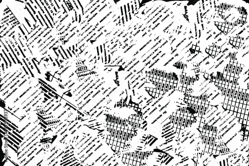 Grunge texture of paper scraps of printed Newspapers, texts, scraps, office waste. Abstract monochrome rough background. Vector illustration. Overlay template.