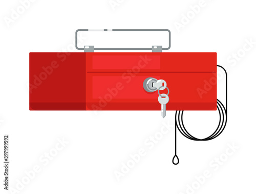 Portable safe box with key; handle and cable on white