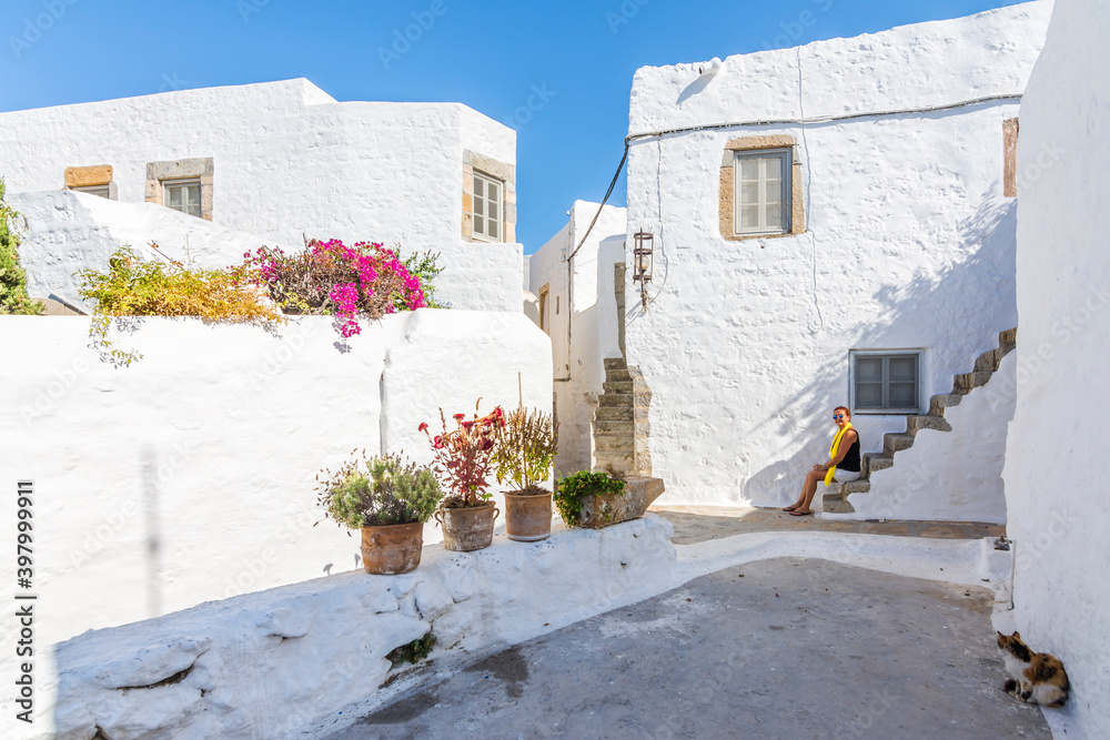  Colorful street of Chora Village in Patmos Island