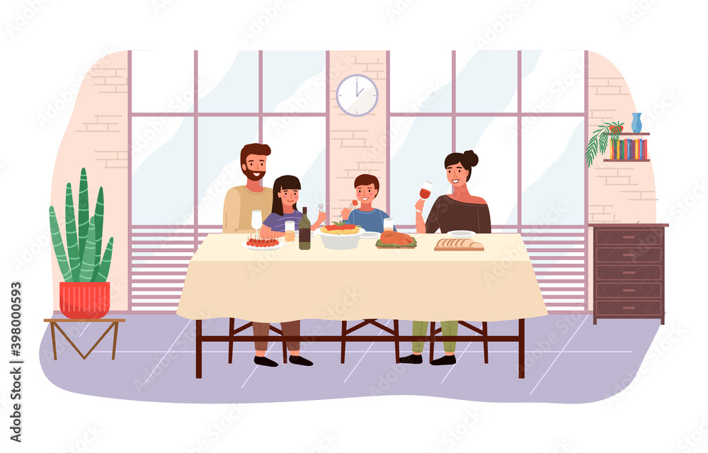 Fototapeta premium Italian family at home vector illustration. Dining table with pasta and snack. Arrangement of furniture. People eating italian food in apartment. Parents drink wine. Children with forks in their hands