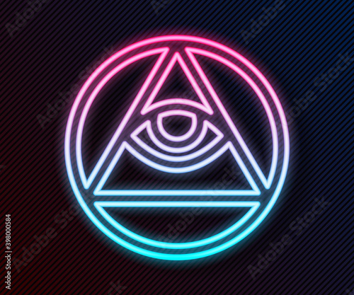 Glowing neon line Masons symbol All-seeing eye of God icon isolated on black background. The eye of Providence in the triangle. Vector.