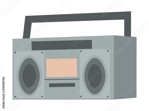 Vector retro tape recorder for audio cassettes. Magnetic cassete player isolated on white background. Music boombox flat image modern trendy design. Concept of street art, vintage gray audio system