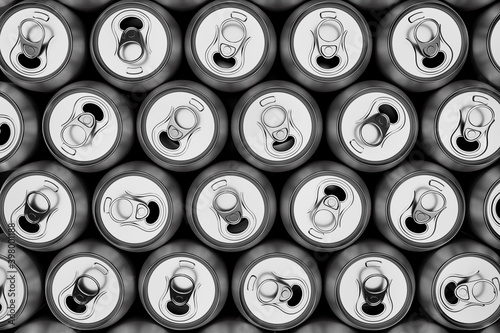 Group of silver recyclable aluminum cans from above closeup full frame