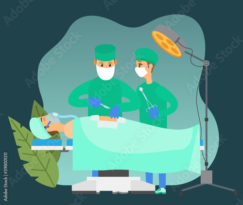 Masked man makes an incision with a scalpel. Assistant is holding a tampon. People during medical operation surrounded by leaves. Team of specialists works with patient. Surgeons perform an operation