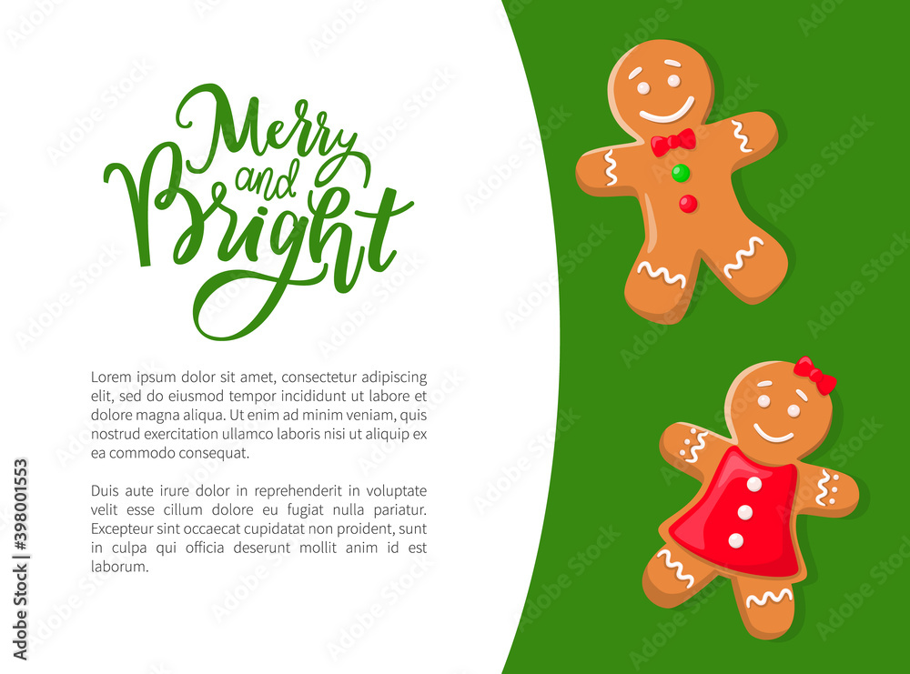 Naklejka premium Gingerbread cookies, gingermen in bowtie and dress. Christmas snack or treat, dessert or pastry, New Year celebration dish, winter holiday vector