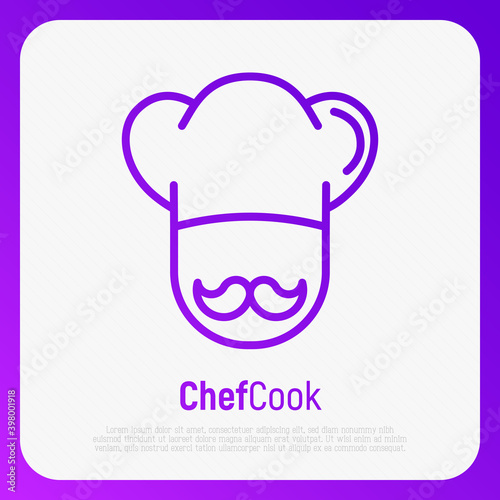 Professional chef with mustache thin line icon. Flat design vector illustration.