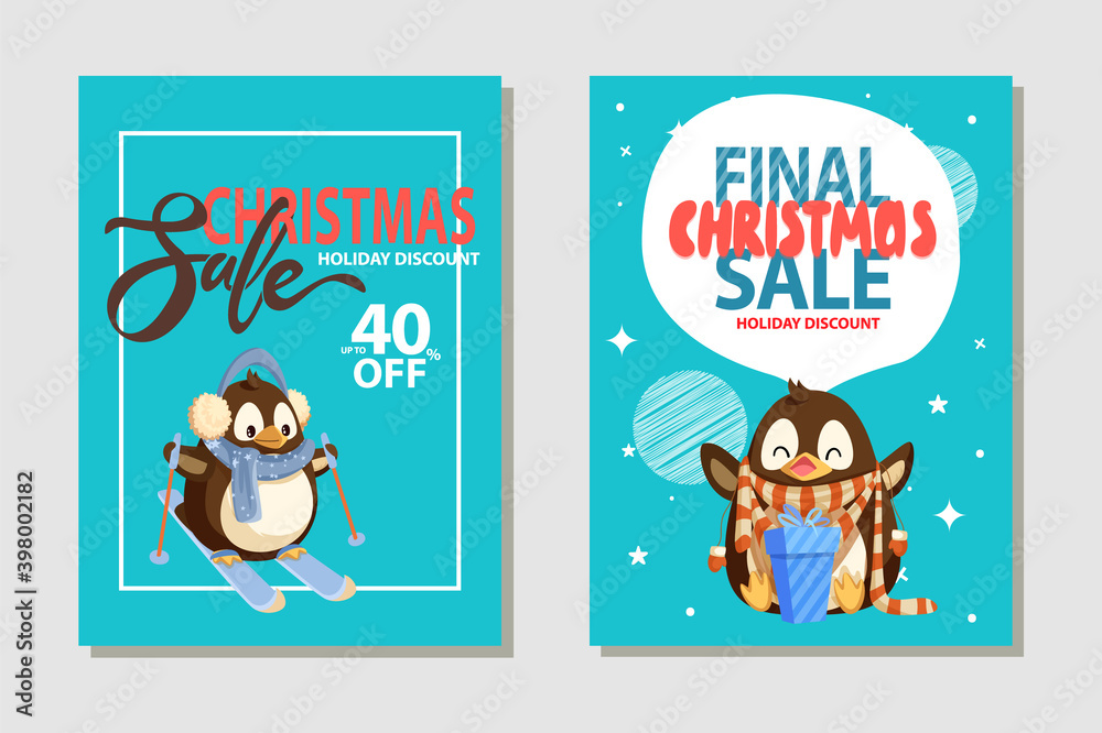 Total Christmas sale posters, penguins skiing and opening gift box with presents. Wintertime discounts advertisements with cartoon animals in frame and on snow