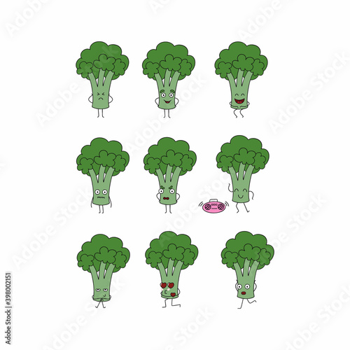 Large set with fun broccoli. Funny broccoli cabbage with different emotions. Children's character in Doodle style.