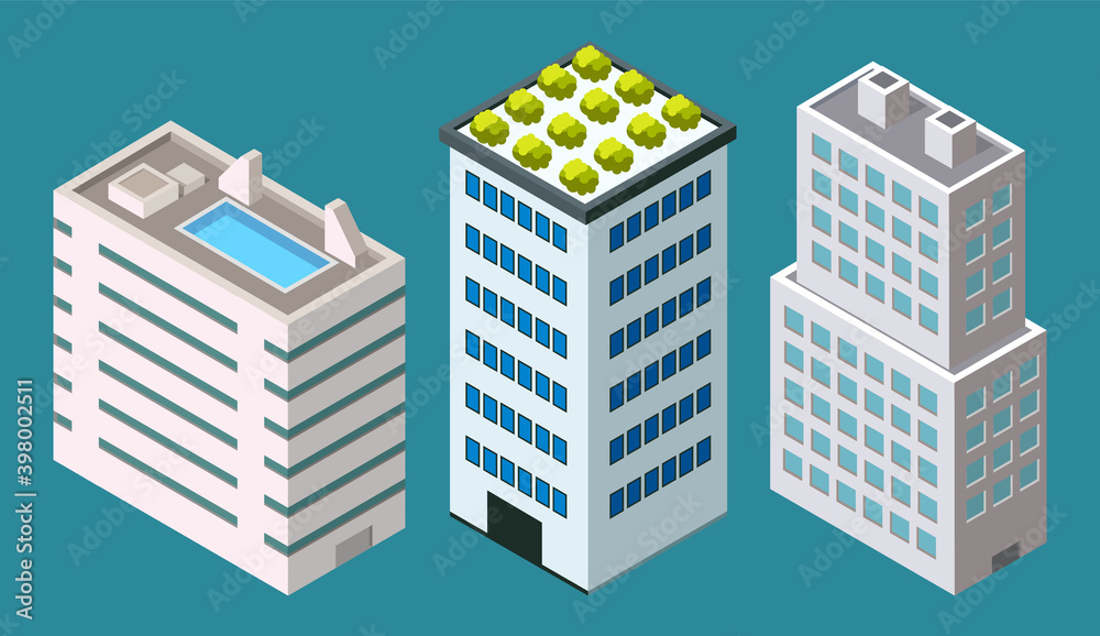 Skyscraper different building set with green plants on the roof in flat style concept top view isolated. Modern urban structure with house facade. Industrial constructions with apartments