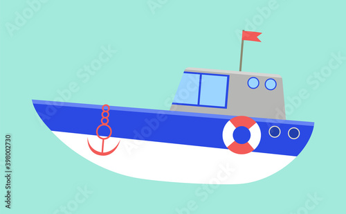 Sea transport isolated on a blue background. Boat with anchor and cabin flat vector illustration. Lifebuoy to rescue drowning people on the board. Transport for transporting passengers by water