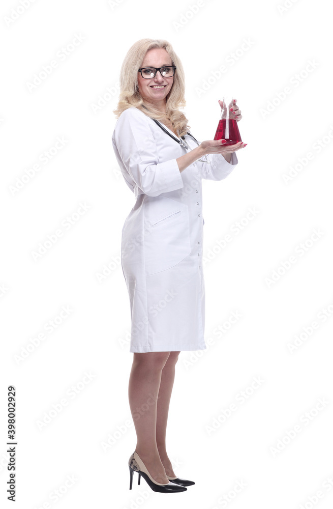 friendly therapist with a laboratory flask . isolated on a white friendly therapist with a laboratory flask . isolated on a white