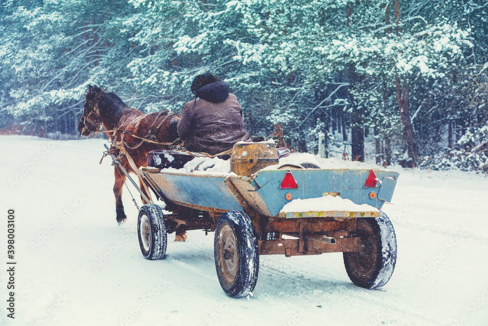 A man rides in a horse-drawn cart on a snowy road in winter