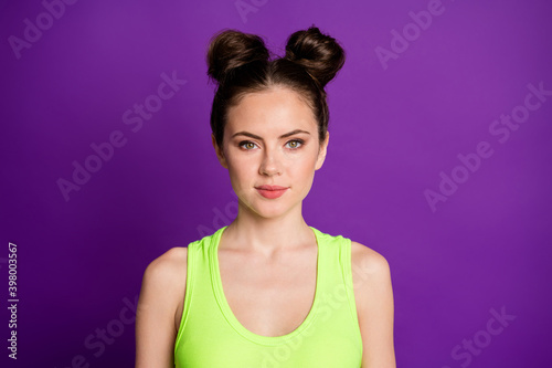 Portrait of nice cute girl look good in camera wear casual style clothes isolated over vivid color background