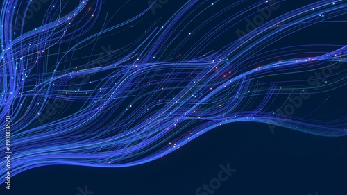 Abstract glowing blue fibers moving gently in front of a dark blue background. 3D render / rendering.