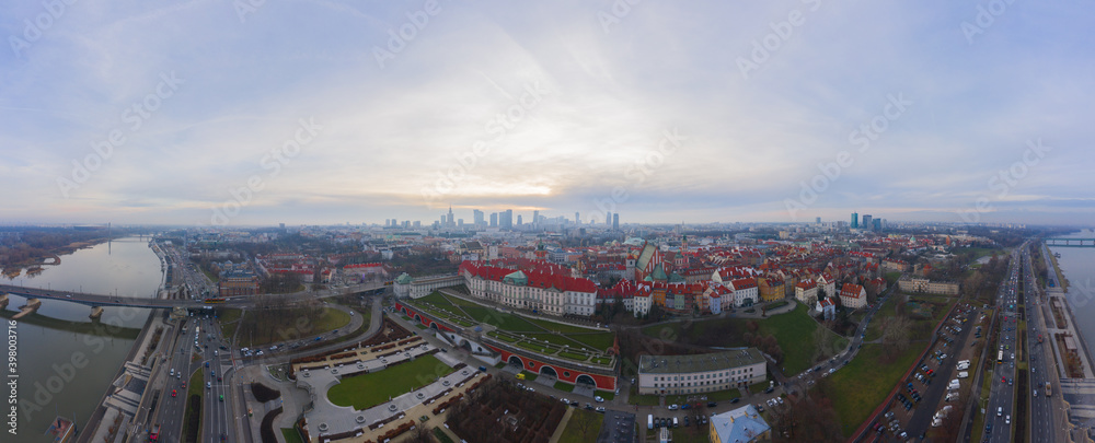 Drone aerial panorama Flight over warsaw Warszawa old town and the weichsel river, Poland