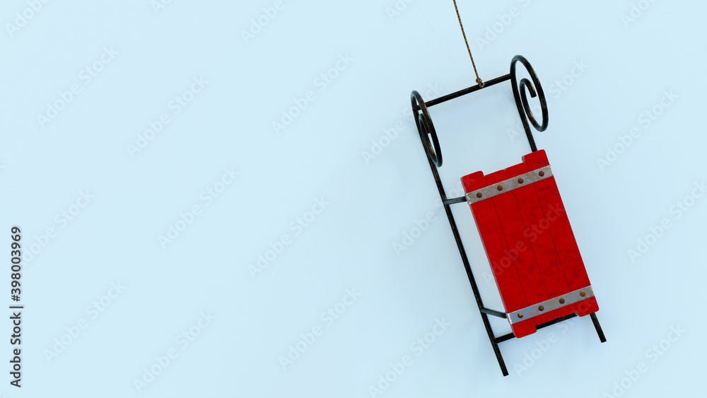 Wooden sledge on blue background. Winter concept mockup with copy space. Top view.