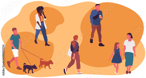 Stock vector people walking in the park. Men, women, children outdoors with different kinds of activities. Illustration in flat style