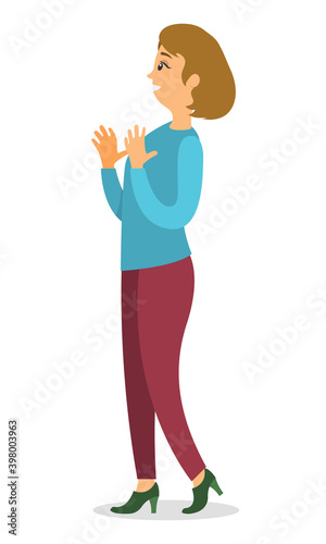 Attractive professional fair-haired woman with a surprised expression, vector illustration. Happy female in trousers and high heels makes a hand gesture side view isolated on white background