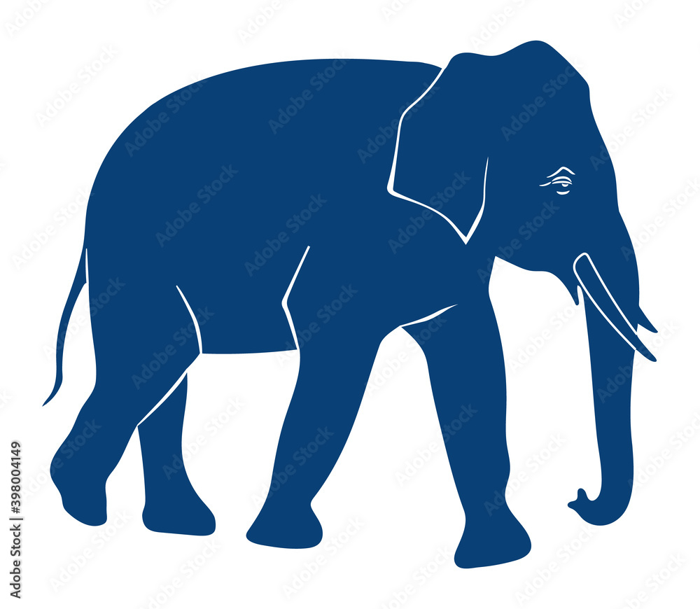 Fototapeta premium Elephant silhouette isolated on white background. Side view of a dark blue elephant flat vector illustration. Moving big animal with tusks and proboscis down. Wild animal nature image, wildlife