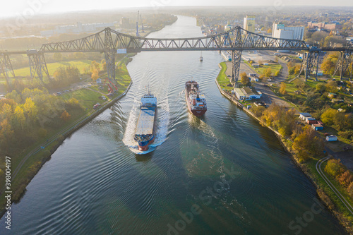 Drone flight over the Hochbrücke Rendsburg at the River Wehrau with a overview, Schleswig holstein Germany